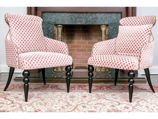 Divine Pair Of Upholstered Armchairs With Brass Tack Nailhead Trim