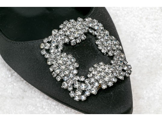 Manolo Blahnik Velvet Kitten Heels With Iconic Crystal Brooch