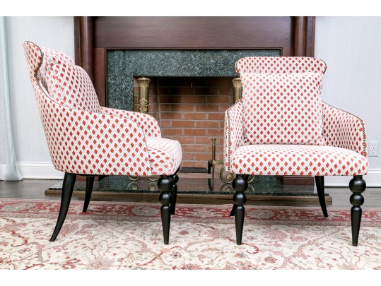 Divine Pair Of Upholstered Armchairs With Brass Tack Nailhead Trim