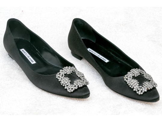 Manolo Blahnik Velvet Kitten Heels With Iconic Crystal Brooch