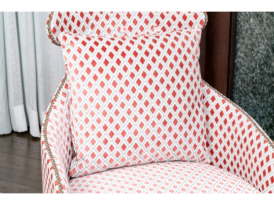 Divine Pair Of Upholstered Armchairs With Brass Tack Nailhead Trim