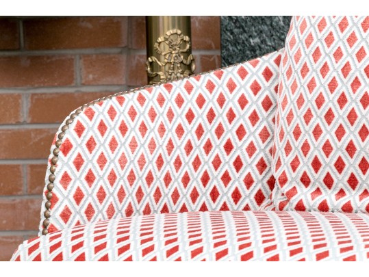 Divine Pair Of Upholstered Armchairs With Brass Tack Nailhead Trim