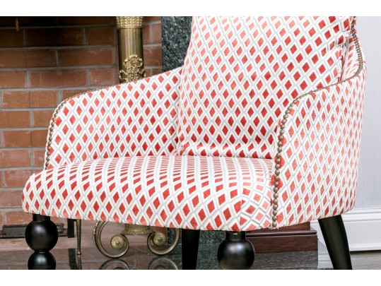 Divine Pair Of Upholstered Armchairs With Brass Tack Nailhead Trim