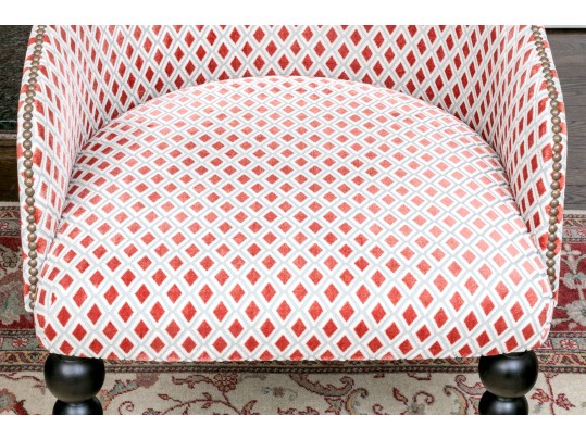 Divine Pair Of Upholstered Armchairs With Brass Tack Nailhead Trim