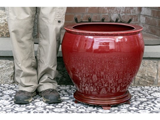 Chinese Sang De Boeuf Glazed Ceramic Jardiniere On Stand