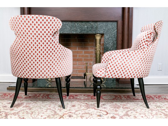 Divine Pair Of Upholstered Armchairs With Brass Tack Nailhead Trim
