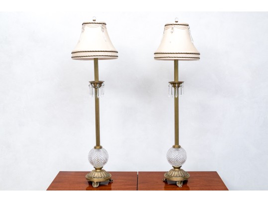 Pair Of Cut Crystal And Brass Table Lamps 