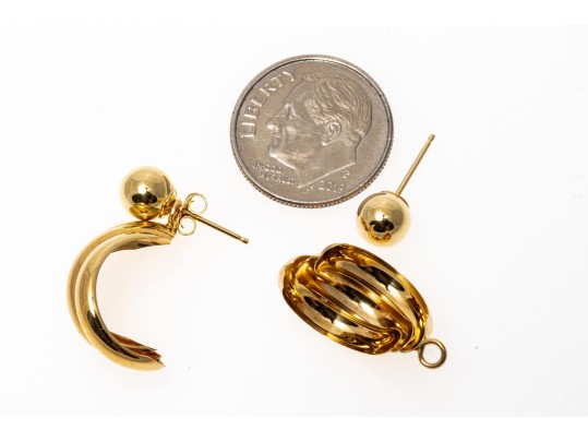18K Yellow Gold Classic Ball Earrings, With Ribbed Twisted Earrings Jackets