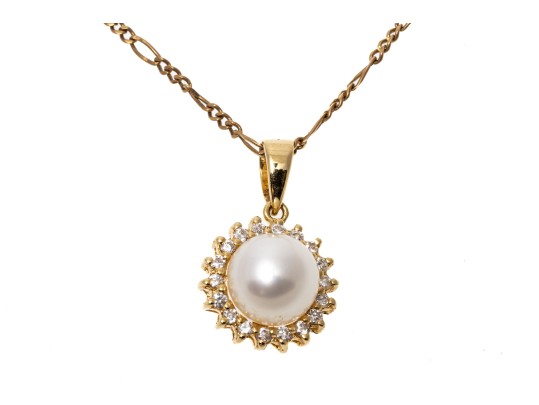 14K Pearl And Diamond Pendant Necklace