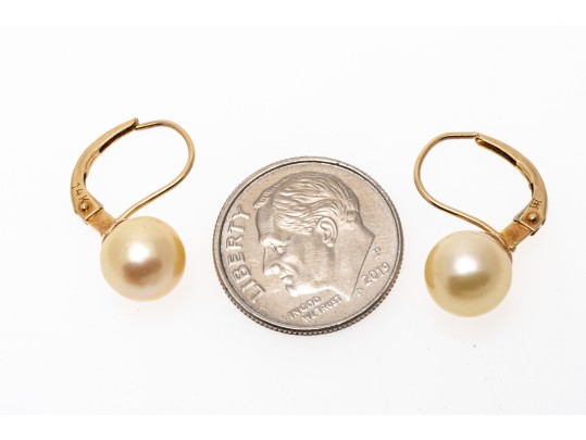 14k Yellow Gold Classic 7.75 Mm Cultured Pearl Drop Earrings