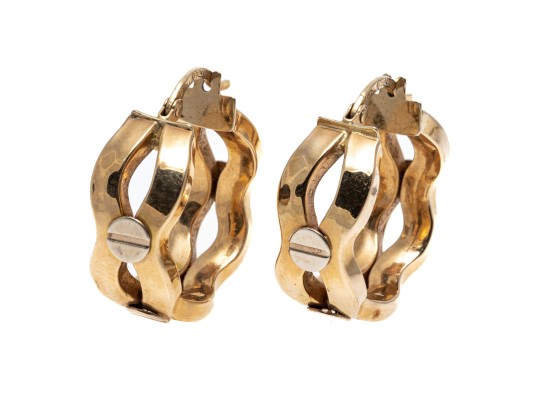14k Yellow Gold Fun Wavy Hoop Earrings, Decorated With White Gold Screw Heads