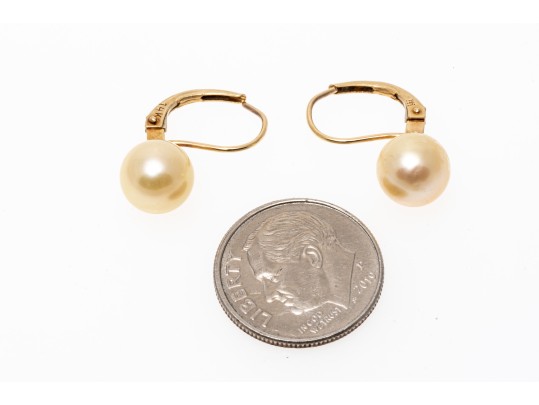 14k Yellow Gold Classic 7.75 Mm Cultured Pearl Drop Earrings