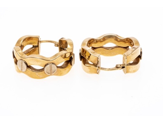 14k Yellow Gold Fun Wavy Hoop Earrings, Decorated With White Gold Screw Heads