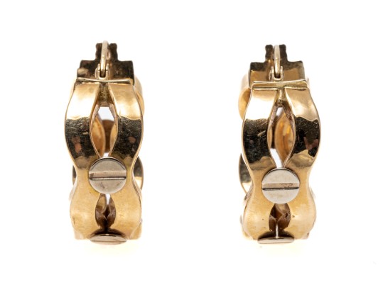 14k Yellow Gold Fun Wavy Hoop Earrings, Decorated With White Gold Screw Heads