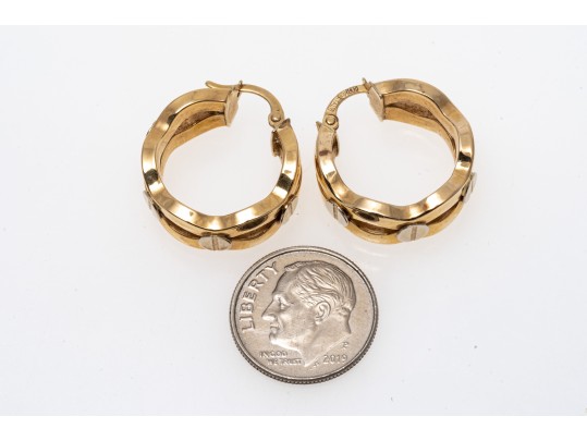 14k Yellow Gold Fun Wavy Hoop Earrings, Decorated With White Gold Screw Heads