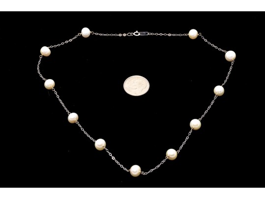 14k White Gold Delicate Cultured Freshwater Pearl Tin Cup Style Necklace