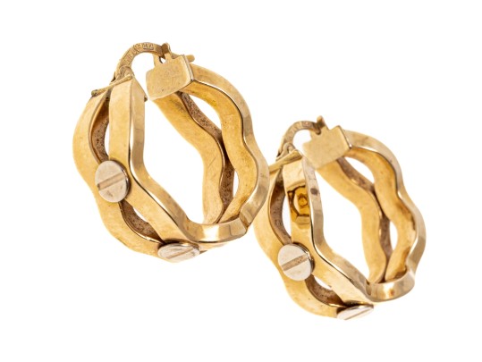 14k Yellow Gold Fun Wavy Hoop Earrings, Decorated With White Gold Screw Heads