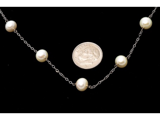 14k White Gold Delicate Cultured Freshwater Pearl Tin Cup Style Necklace