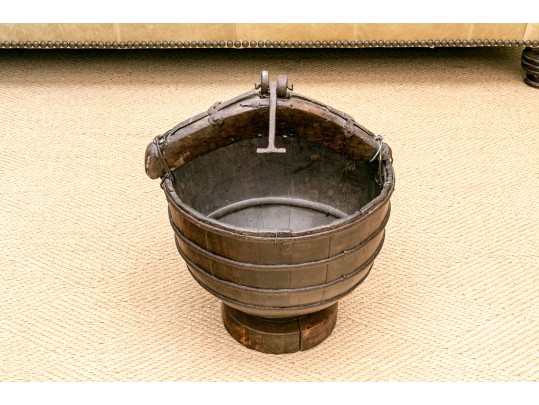 Antique 19th Century Primitive Style Iron & Wood Chinese Rice Bucket
