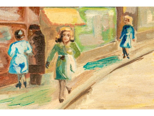 Signed Modern Oil On Canvas, Figural Urban Landscape, 1968