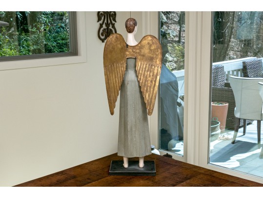Decorative Folk Style Wood & Tole Winged Angel On Wood Base