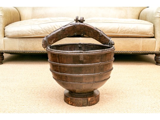 Antique 19th Century Primitive Style Iron & Wood Chinese Rice Bucket