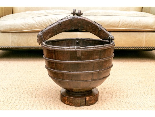 Antique 19th Century Primitive Style Iron & Wood Chinese Rice Bucket