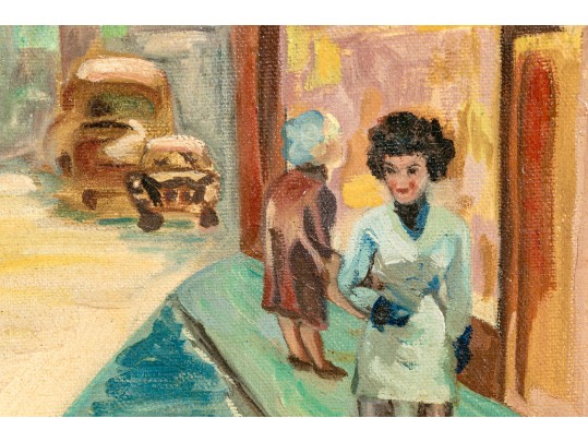 Signed Modern Oil On Canvas, Figural Urban Landscape, 1968