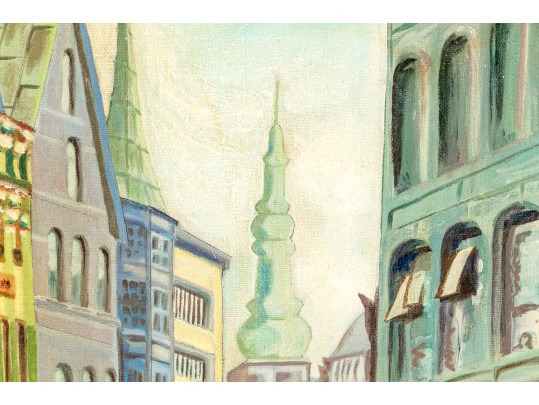 Signed Modern Oil On Canvas, Figural Urban Landscape, 1968