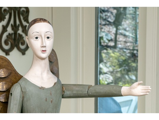 Decorative Folk Style Wood & Tole Winged Angel On Wood Base