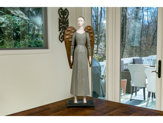 Decorative Folk Style Wood & Tole Winged Angel On Wood Base