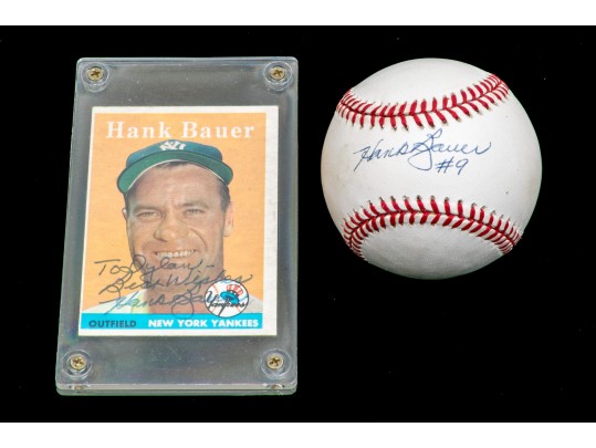 Autographed Hank Bauer Baseball With Inscribed Baseball Card