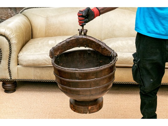 Antique 19th Century Primitive Style Iron & Wood Chinese Rice Bucket