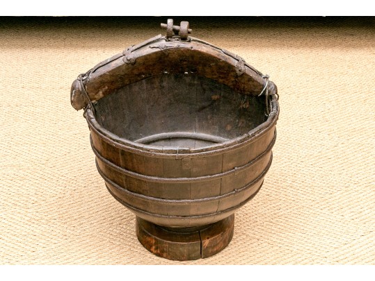Antique 19th Century Primitive Style Iron & Wood Chinese Rice Bucket