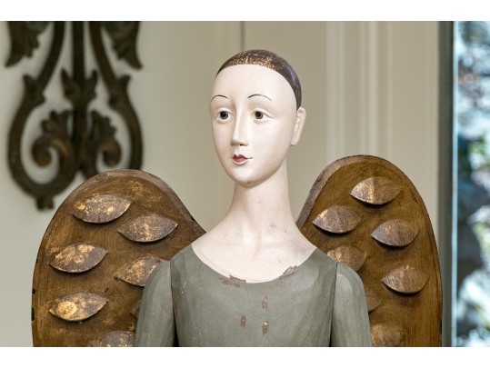 Decorative Folk Style Wood & Tole Winged Angel On Wood Base