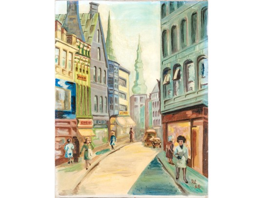 Signed Modern Oil On Canvas, Figural Urban Landscape, 1968