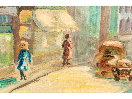 Signed Modern Oil On Canvas, Figural Urban Landscape, 1968