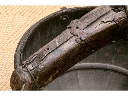 Antique 19th Century Primitive Style Iron & Wood Chinese Rice Bucket