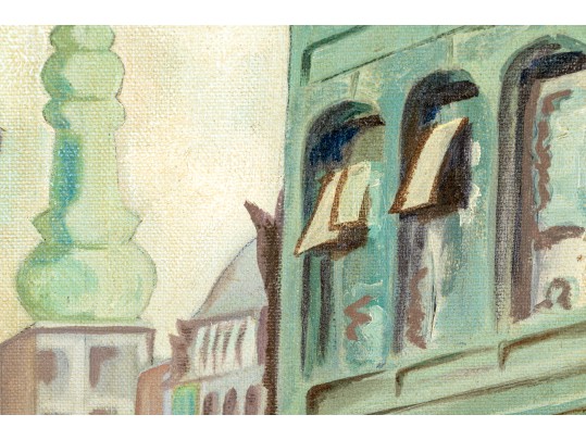 Signed Modern Oil On Canvas, Figural Urban Landscape, 1968