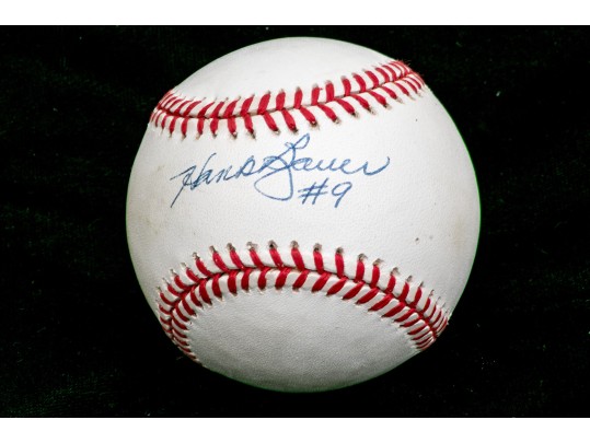 Autographed Hank Bauer Baseball With Inscribed Baseball Card