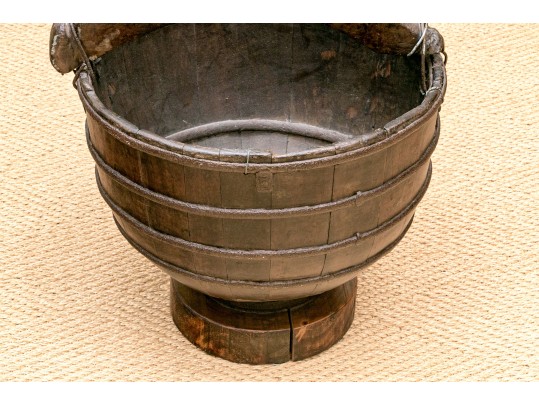 Antique 19th Century Primitive Style Iron & Wood Chinese Rice Bucket