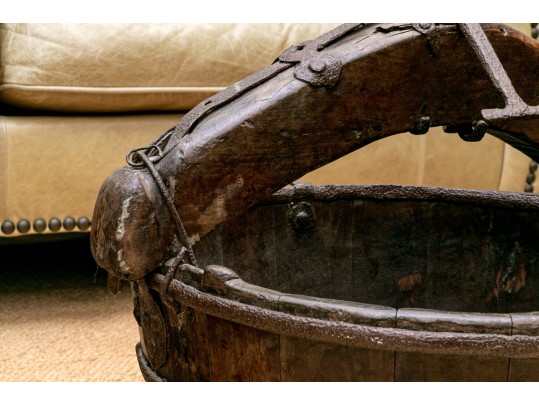 Antique 19th Century Primitive Style Iron & Wood Chinese Rice Bucket