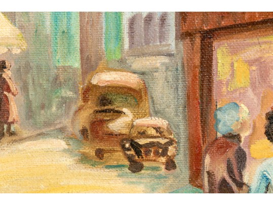 Signed Modern Oil On Canvas, Figural Urban Landscape, 1968