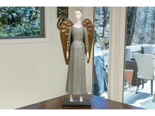 Decorative Folk Style Wood & Tole Winged Angel On Wood Base