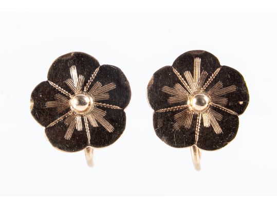 14k Yellow Gold Floral Screw-Back Clip-On Earrings