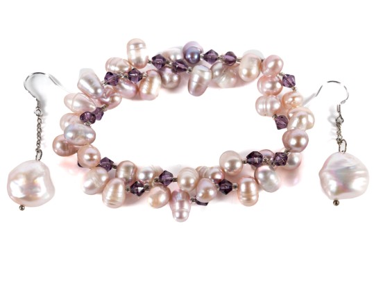 Pale Pink Cultured Pearl Bracelet With Sterling Earrings