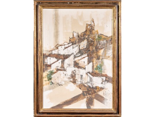 Alain Lopez (France/Spain, 20th C.) Mid Century Oil On Canvas, Town On A Hill