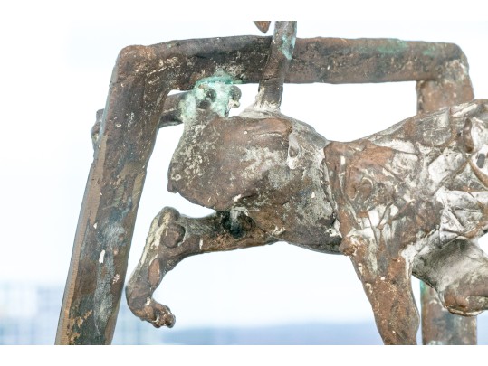 Artisan Crafted Bronze Openwork Figural Plaque With A Lion 