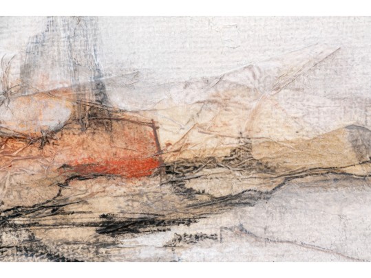 Max Gunther (Swiss, 1934-1974) Mixed Media Collage On Hopsack Cloth,Abstract Landscape Under The Sun