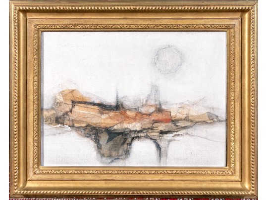 Max Gunther (Swiss, 1934-1974) Mixed Media Collage On Hopsack Cloth,Abstract Landscape Under The Sun